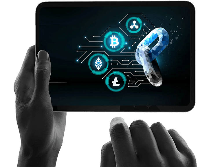 Hands holding a tablet showing Bitcoin, Ethereum, Ripple and Litecoin linked on a circuit board